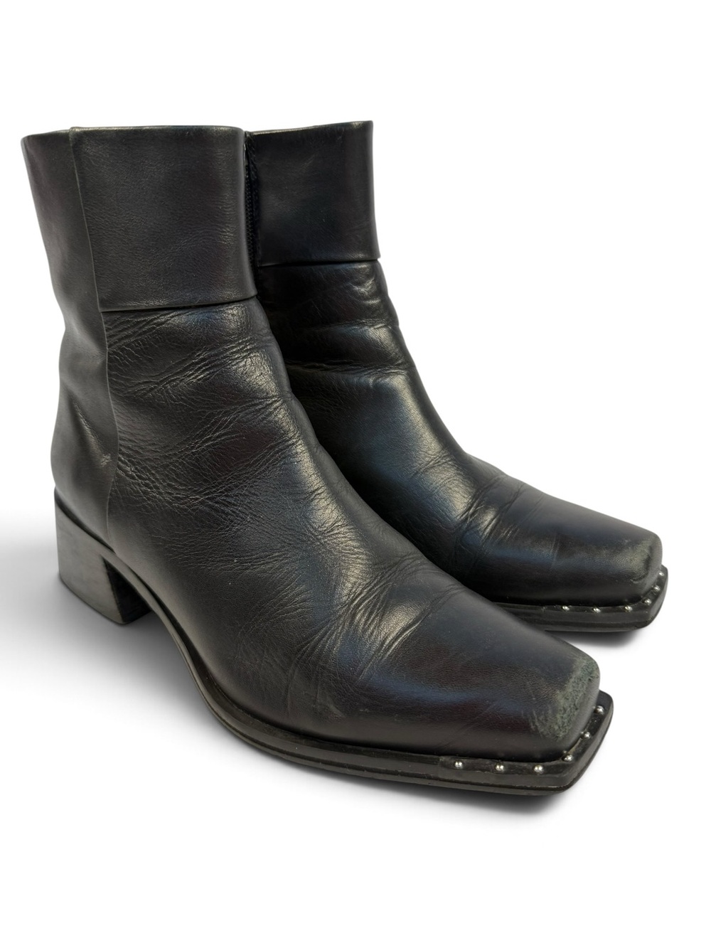 Topshop Y2K Black Leather Square Toe Studded Ankle Boots EU 39 US 8